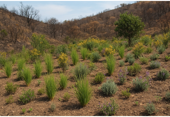 Vetiver e plantas autóctones - Recuperação natural de solos queimados no Centro de Portugal
