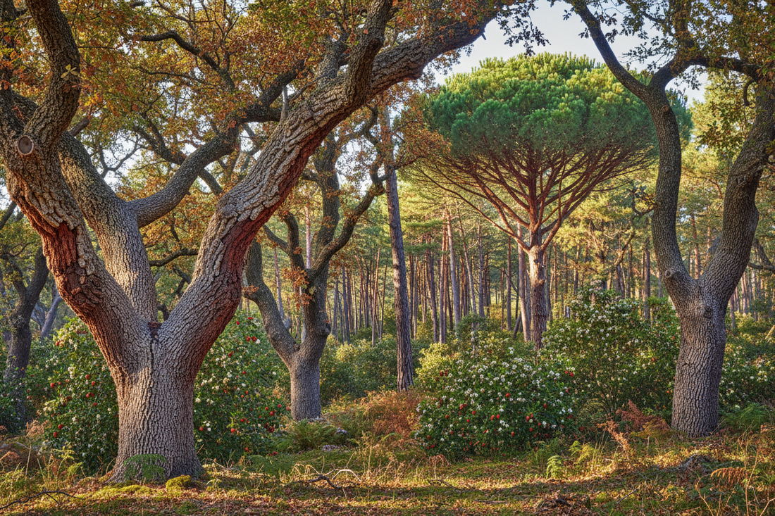 Bosque português com plantas autóctones: Quercus suber, Pinus pinaster, Pinus pinea e Arbutus unedo