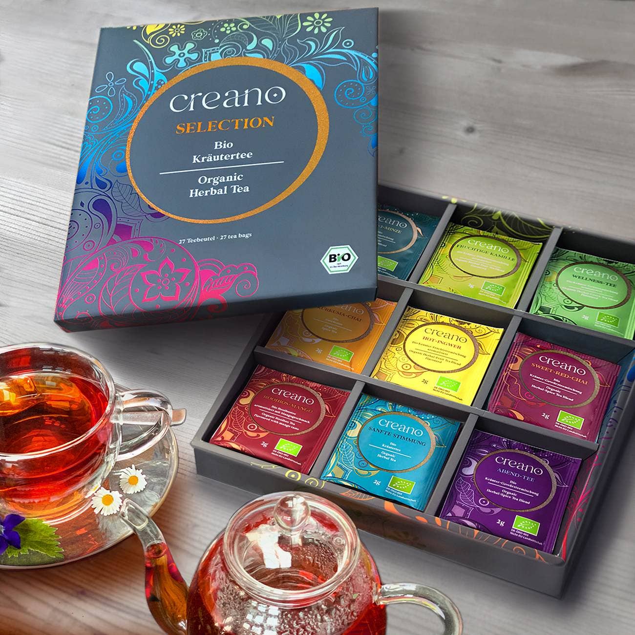 Chá herbal orgânico — caixa presente com 27 sachês