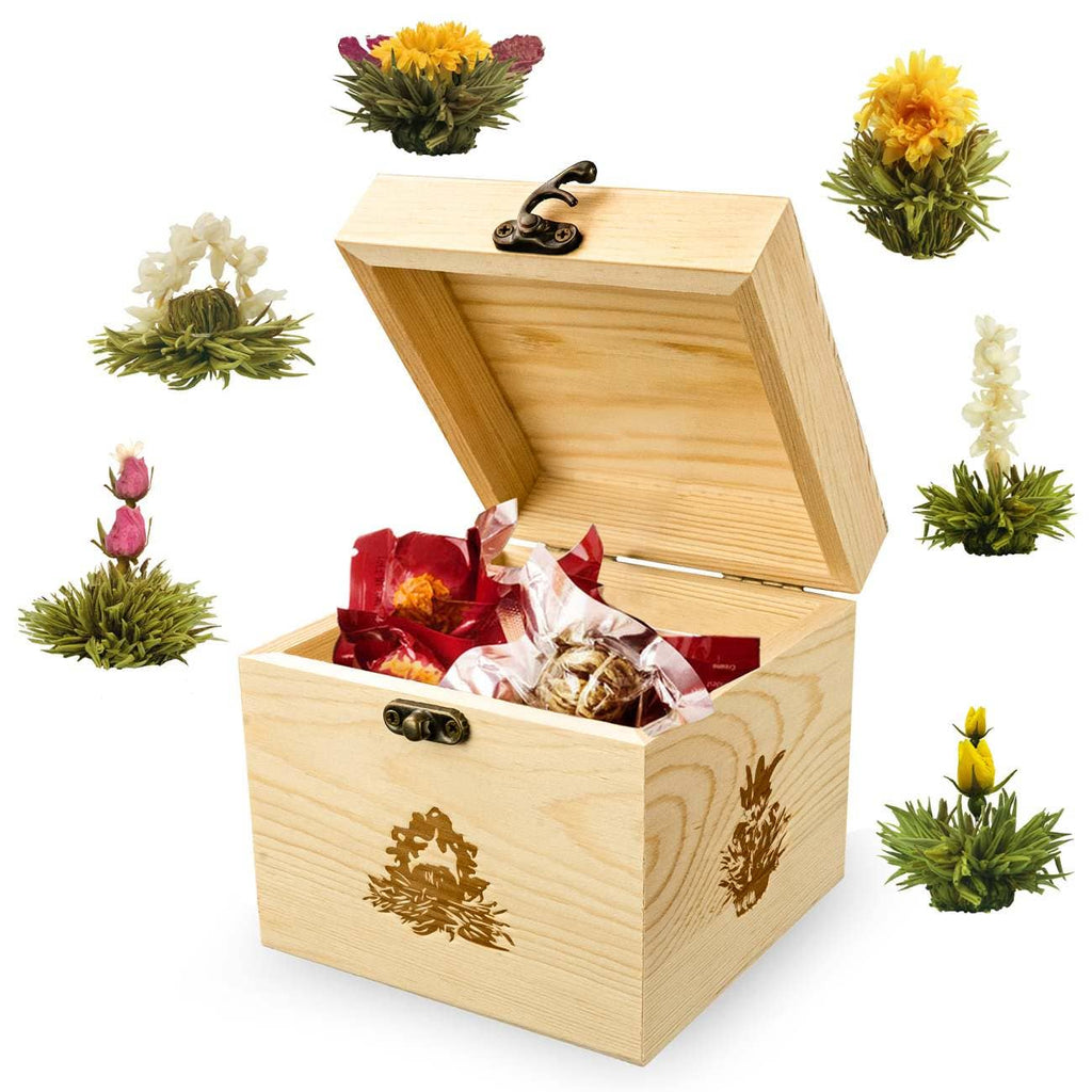 Caixa decorativa de madeira Creano com 6 flores de chá em botão, chá branco, 11,5 cm