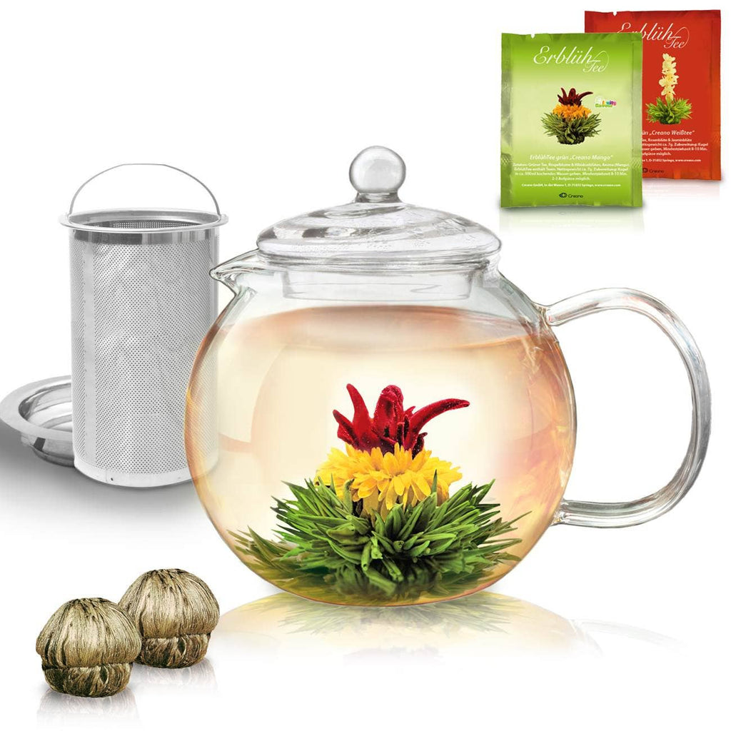 Tetera de cristal Creano 1,3 L con dos tés florales Erblühtee