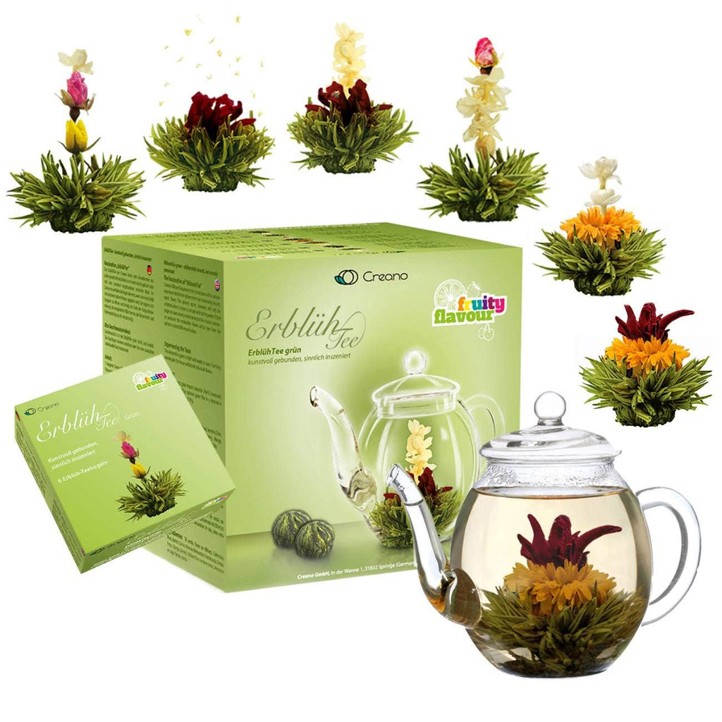 Set de regalo Creano con mezcla de flores de té y tetera de cristal - té verde sabor afrutado