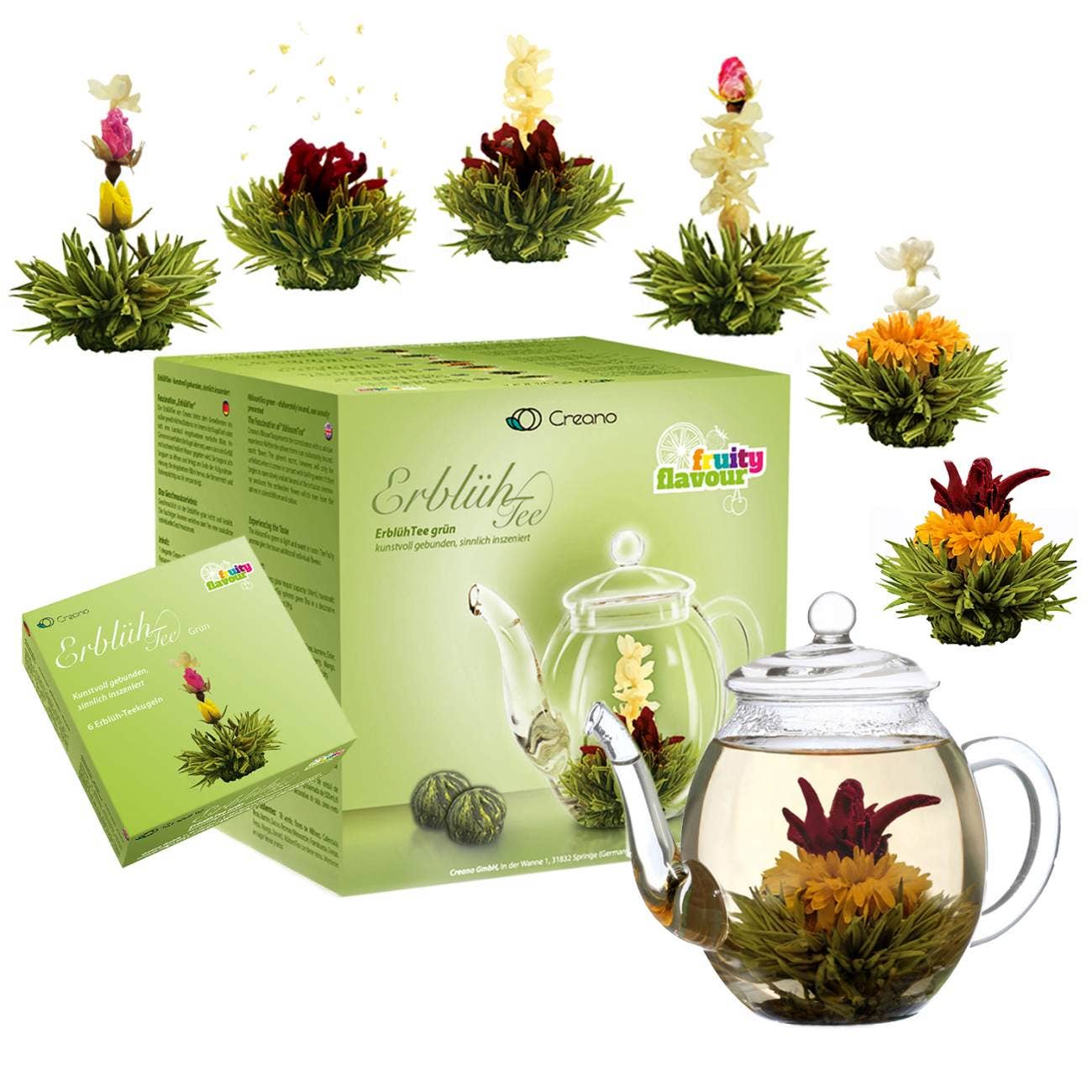 Set de regalo Creano con mezcla de flores de té y tetera de cristal - té verde sabor afrutado