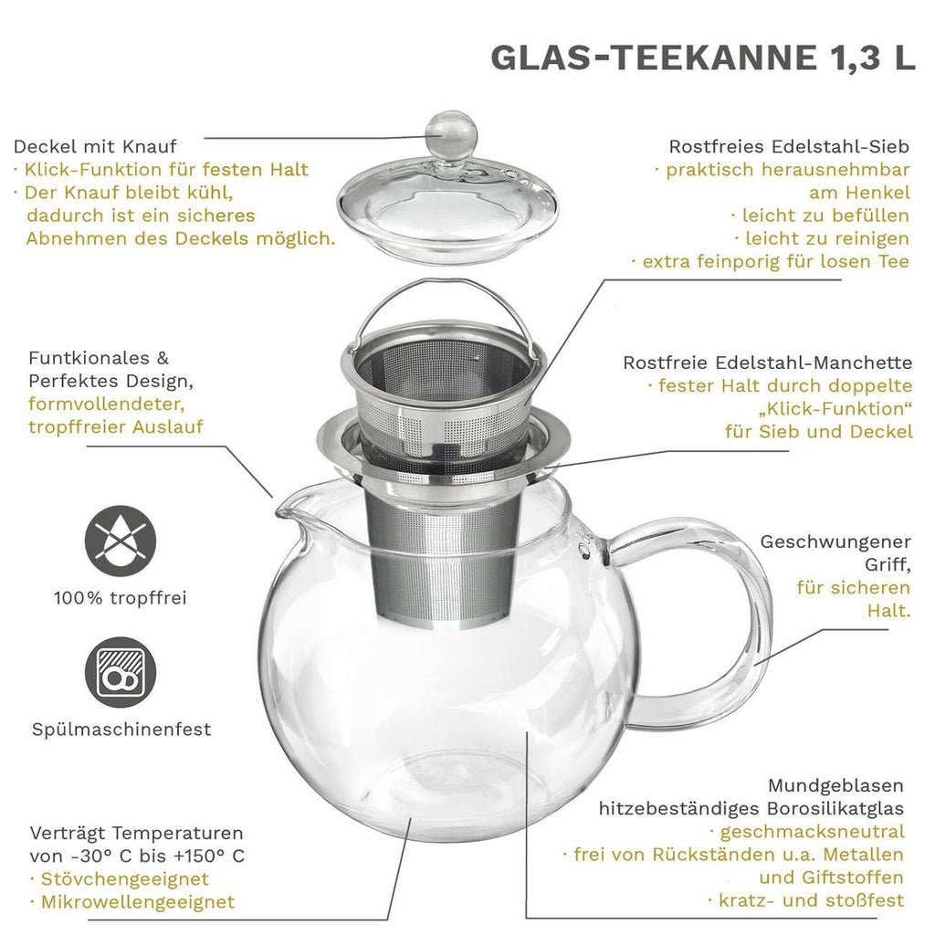 Tetera de cristal Creano 1,3 L con dos tés florales Erblühtee