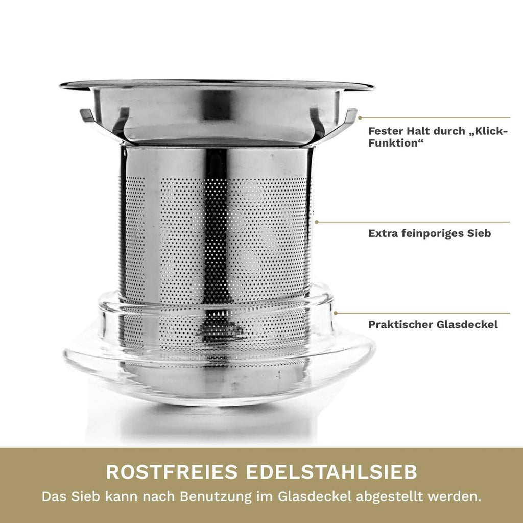 Copo de chá Creano 400 ml tudo em um, grande xícara com infusor de aço inox e tampa de vidro
