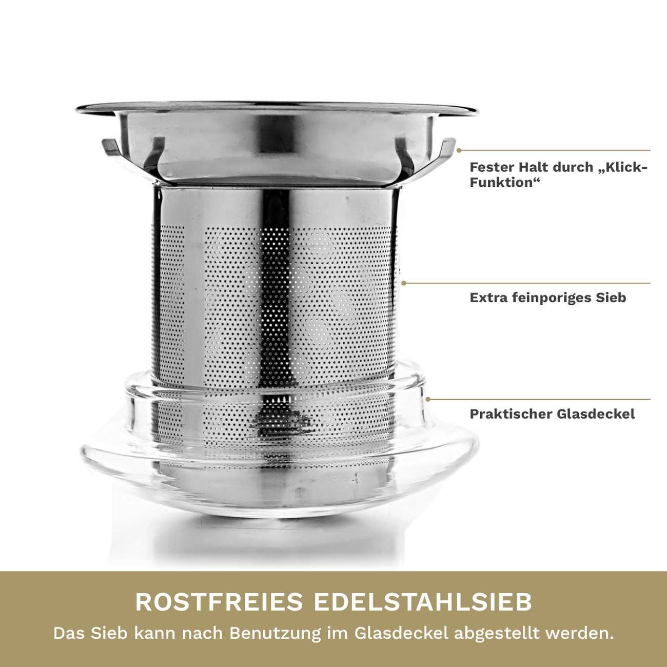 Copo de chá Creano 400 ml tudo em um, grande xícara com infusor de aço inox e tampa de vidro