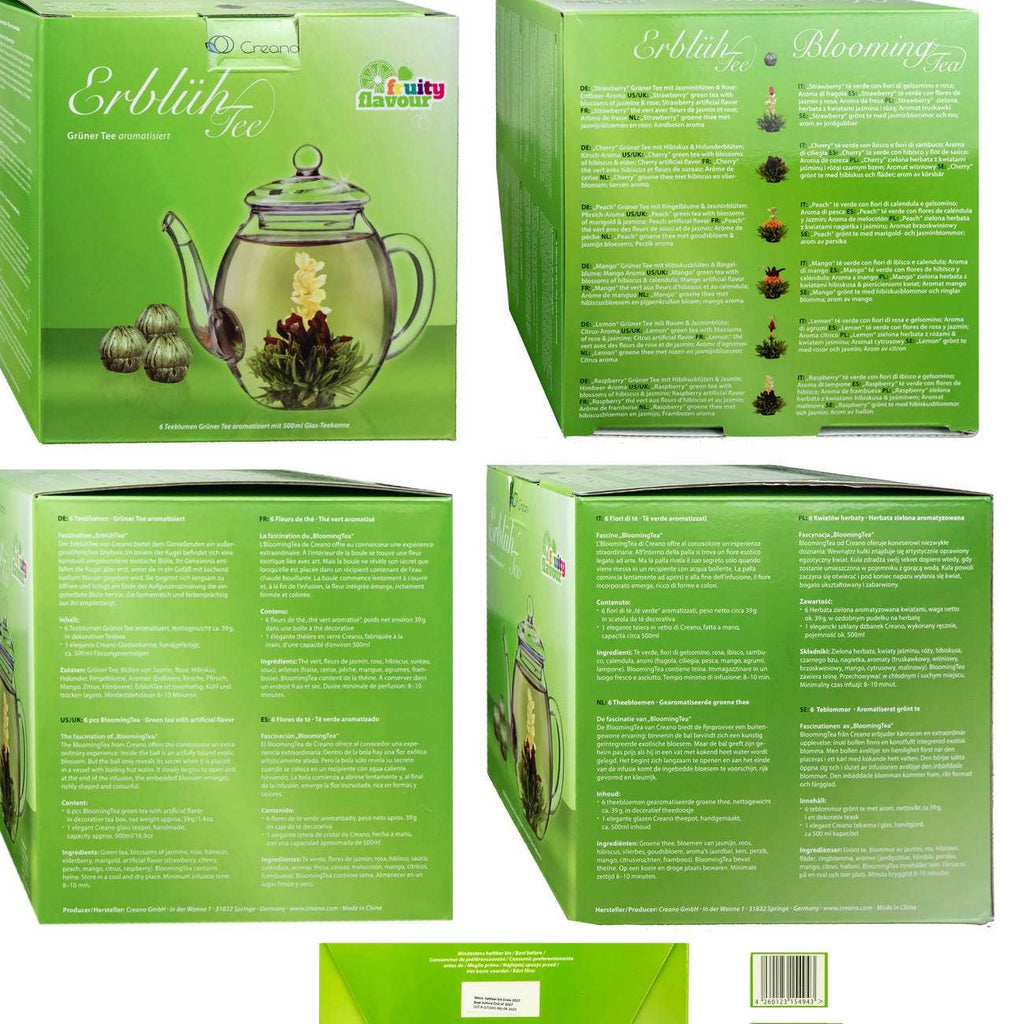 Set de regalo Creano con mezcla de flores de té y tetera de cristal - té verde sabor afrutado
