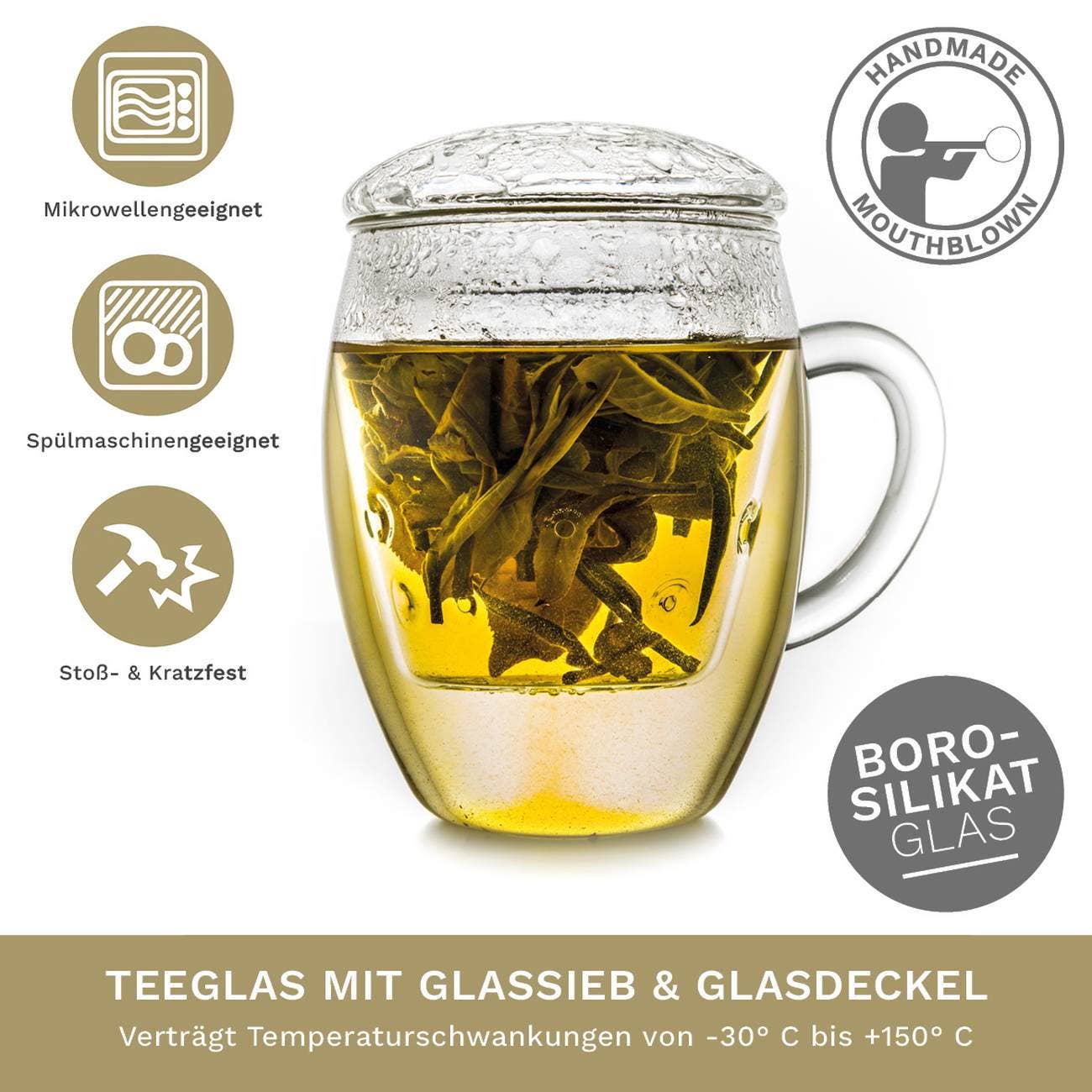 Copo de chá Creano tudo em um, xícara grande com infusor e tampa de vidro