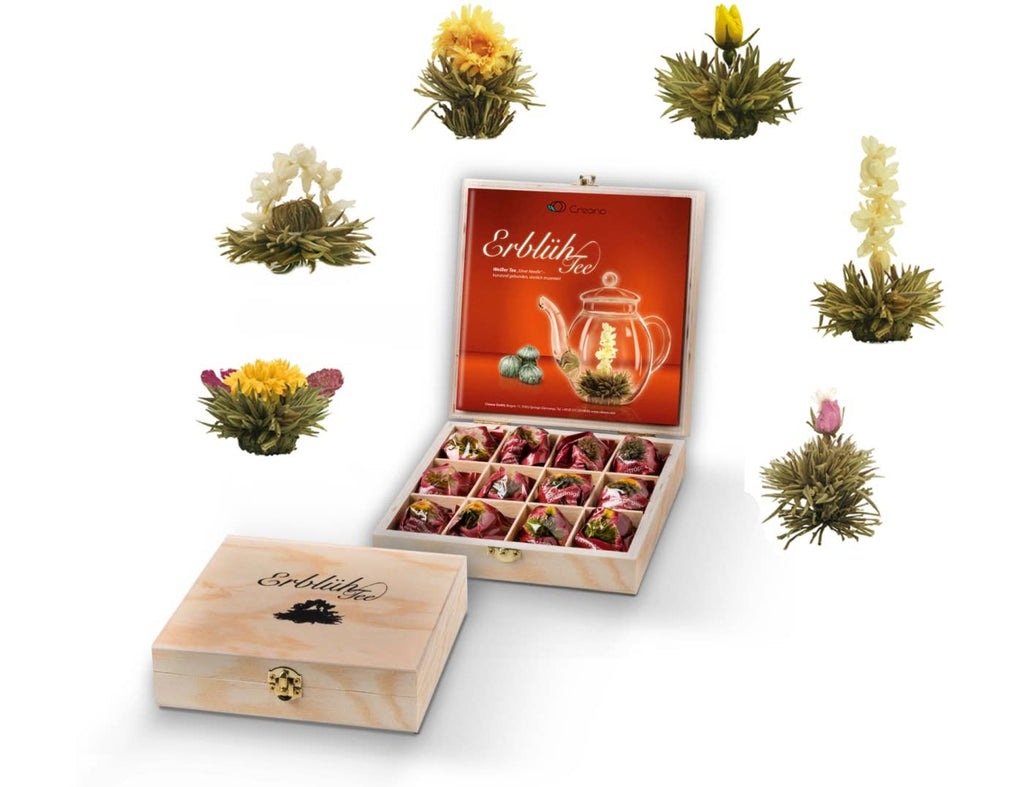Kit de Presente Creano com 12 Chá Flores Brancas em Caixa de Madeira, 6 Variedades