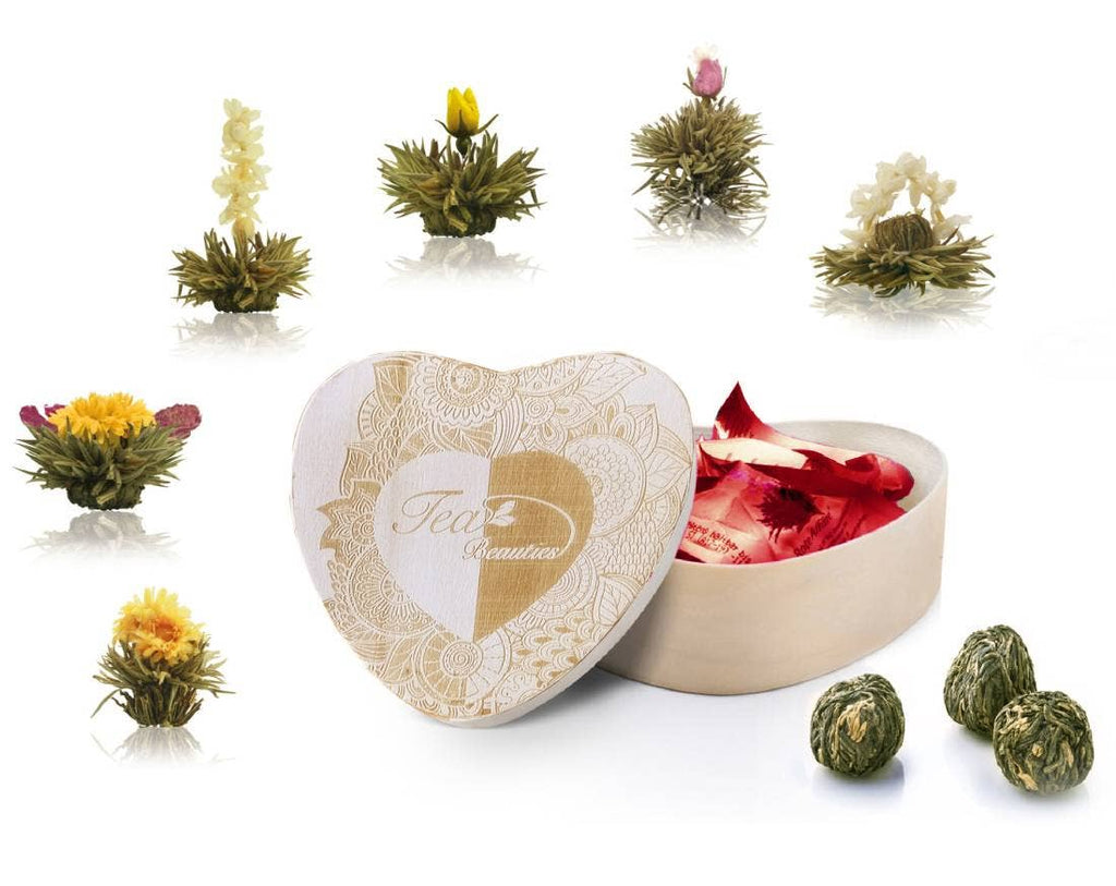 Creano chá de flores em caixa de madeira em forma de coração com 6 variedades de chá branco - Presente para mulheres, mães e amantes de chá