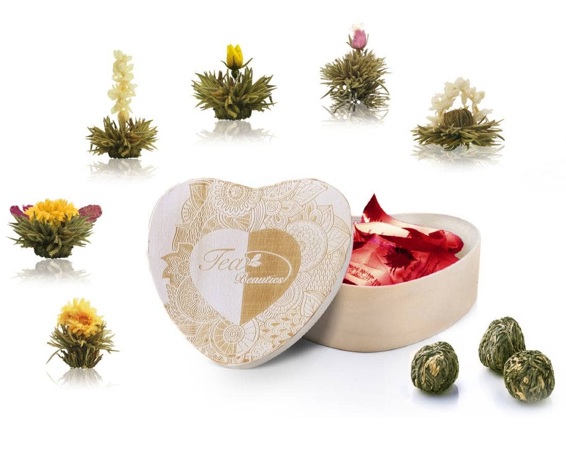 Creano chá de flores em caixa de madeira em forma de coração com 6 variedades de chá branco - Presente para mulheres, mães e amantes de chá