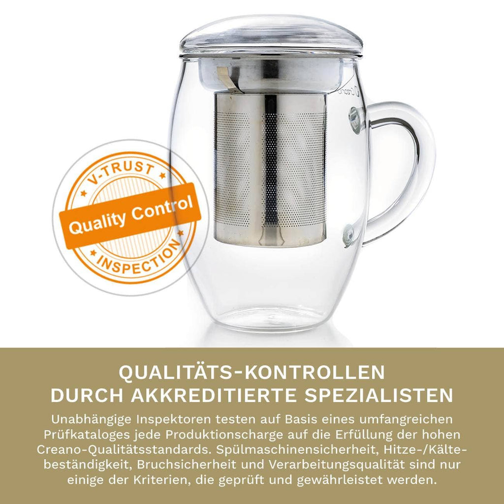 Copo de chá Creano 400 ml tudo em um, grande xícara com infusor de aço inox e tampa de vidro