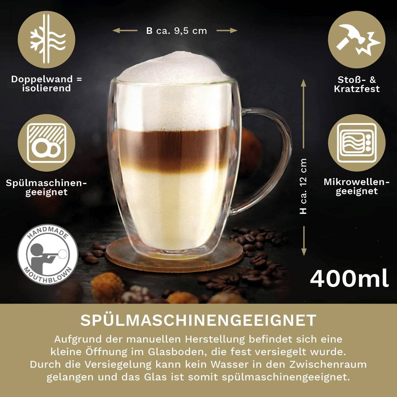 Conjunto de 6 copos térmicos de vidro duplo com alça Creano, 400 ml