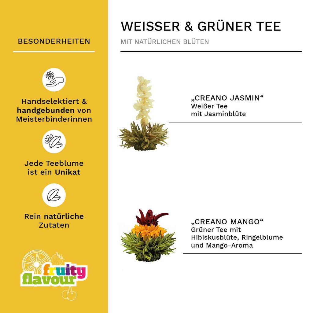 Tetera de cristal Creano 1,3 L con dos tés florales Erblühtee