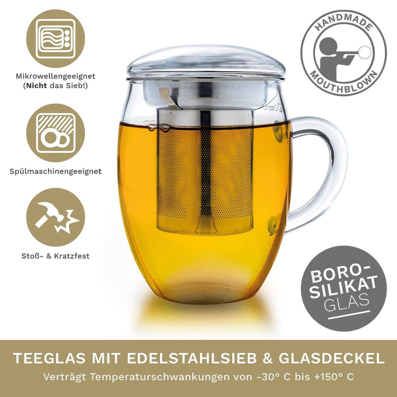 Copo de chá Creano 400 ml tudo em um, grande xícara com infusor de aço inox e tampa de vidro