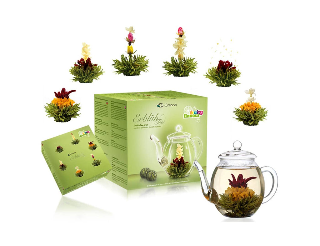 Set de regalo Creano con mezcla de flores de té y tetera de cristal - té verde sabor afrutado