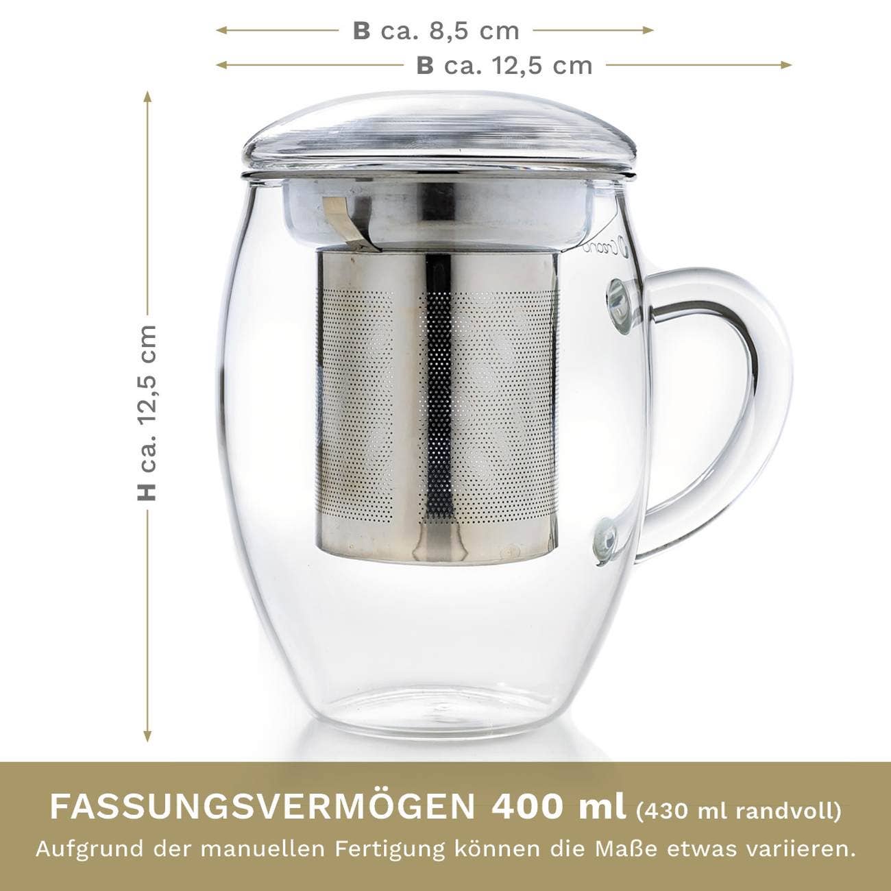 Copo de chá Creano 400 ml tudo em um, grande xícara com infusor de aço inox e tampa de vidro