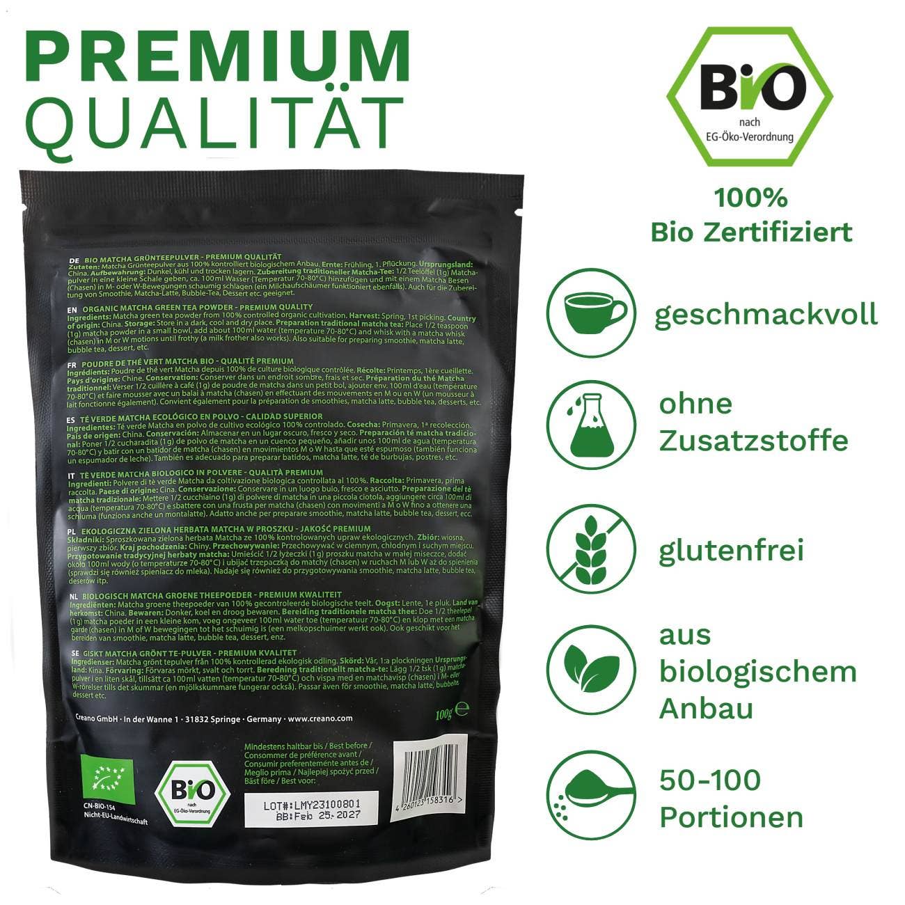 Chá Matcha Orgânico Creano 100g – Qualidade Premium