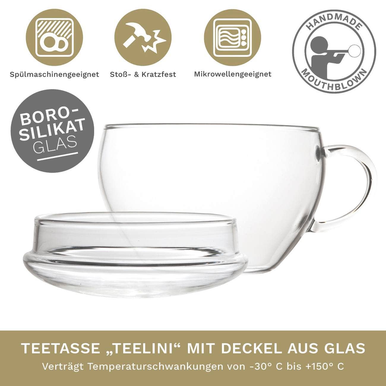 Taza de cristal Teelini de 200 ml con tapa integrada