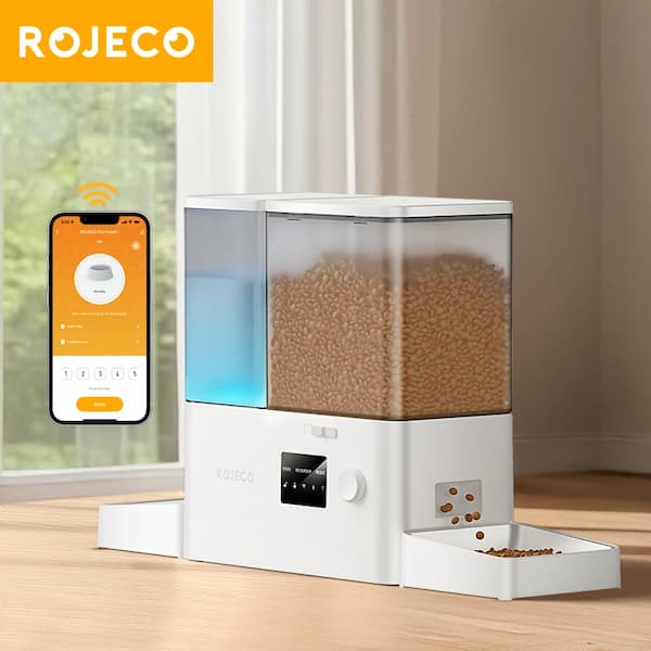 ROJECO Alimentador Automático 2 em 1 com WiFi e Fonte de Água (5L Comida + 3,5L Água) – Controlo Remoto por App