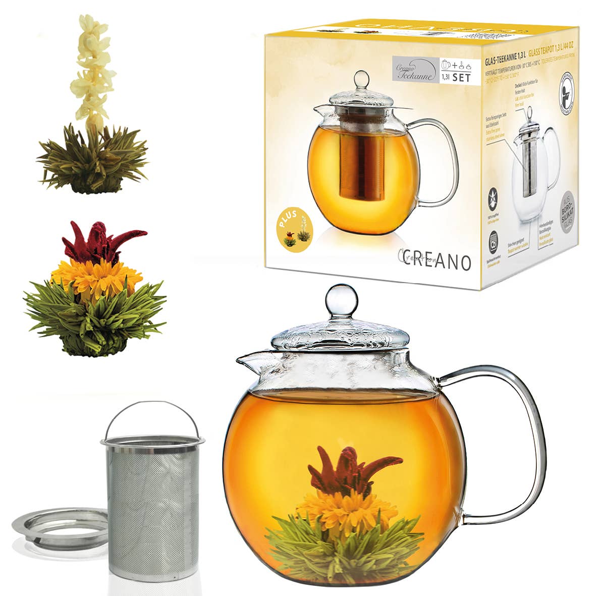 Tetera de cristal Creano 1,3 L con dos tés florales Erblühtee