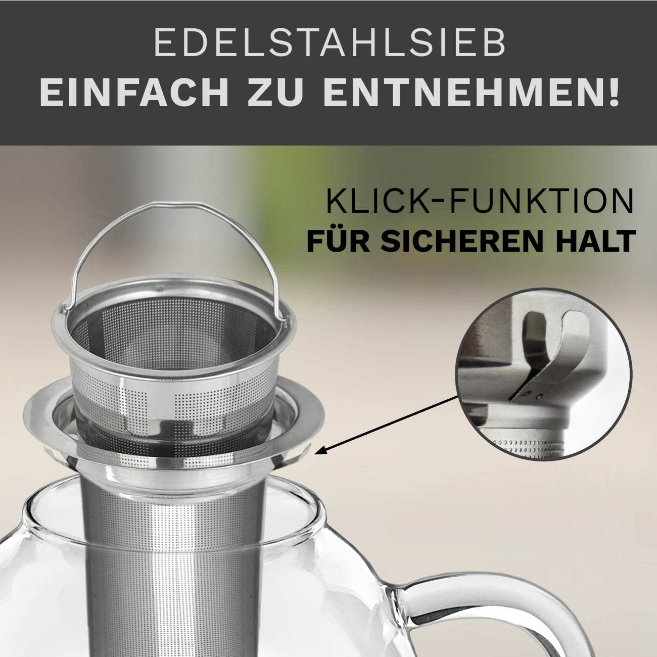 Bule alto de vidro Creano 1,5 litros com infusor de aço inox e tampa de vidro