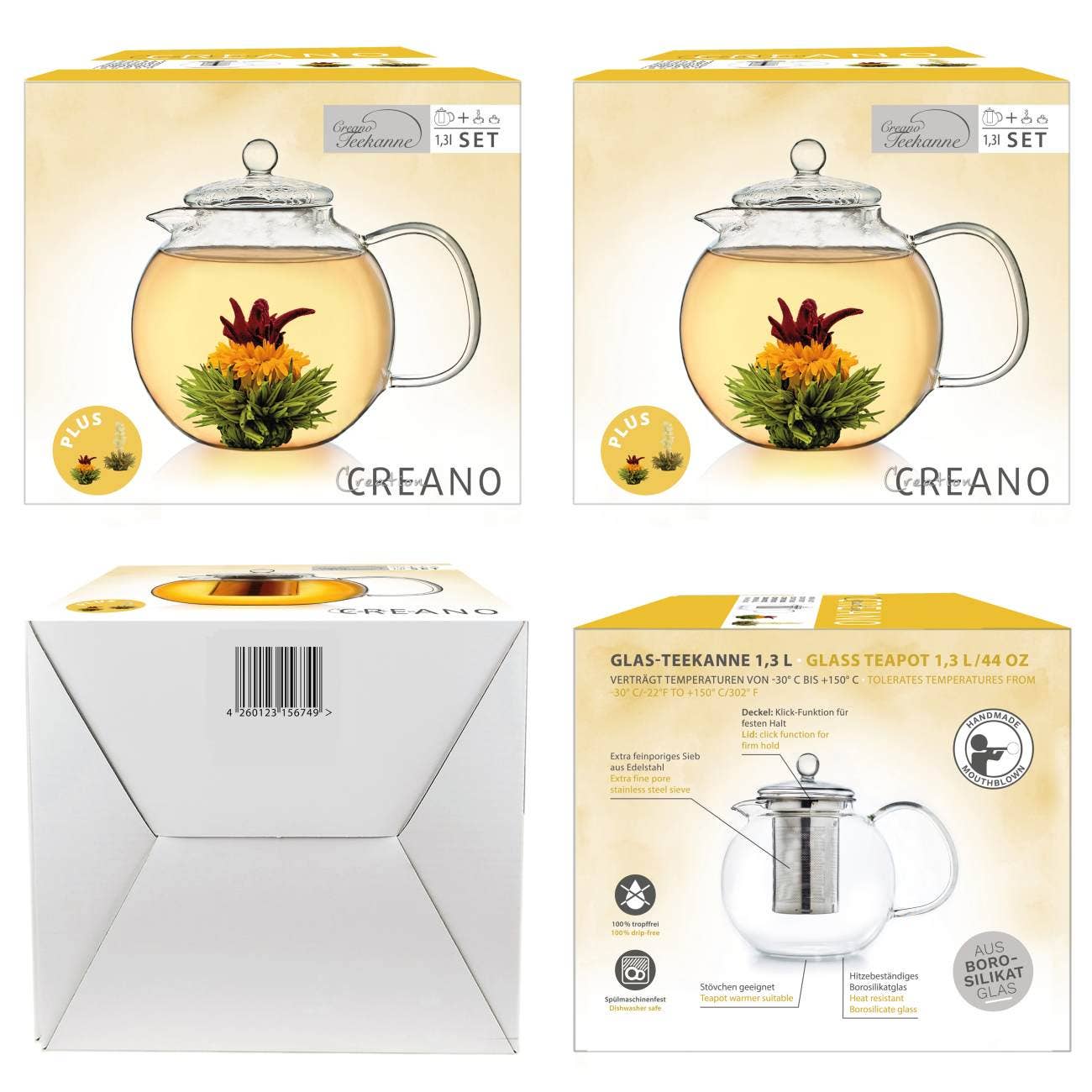 Tetera de cristal Creano 1,3 L con dos tés florales Erblühtee