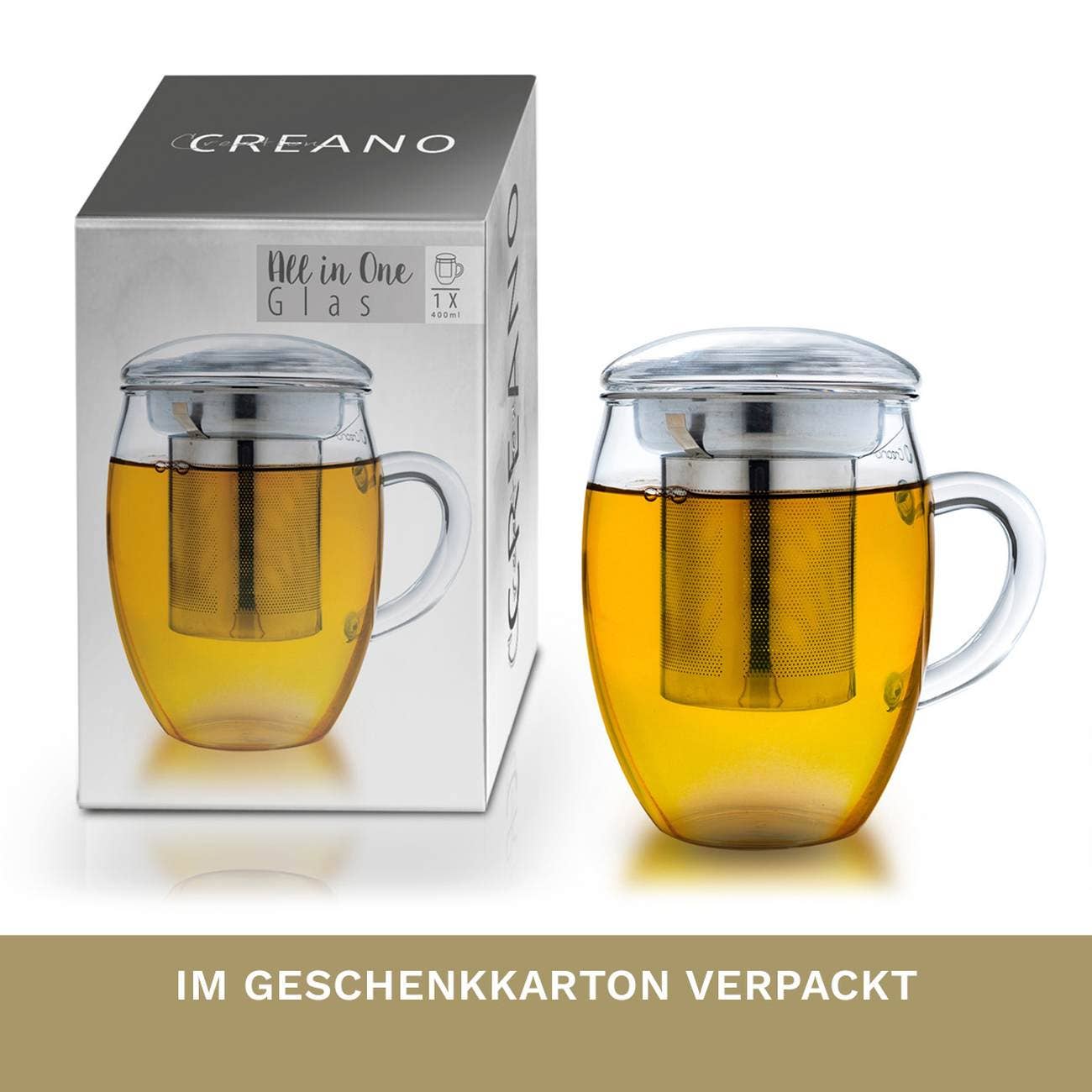 Copo de chá Creano 400 ml tudo em um, grande xícara com infusor de aço inox e tampa de vidro