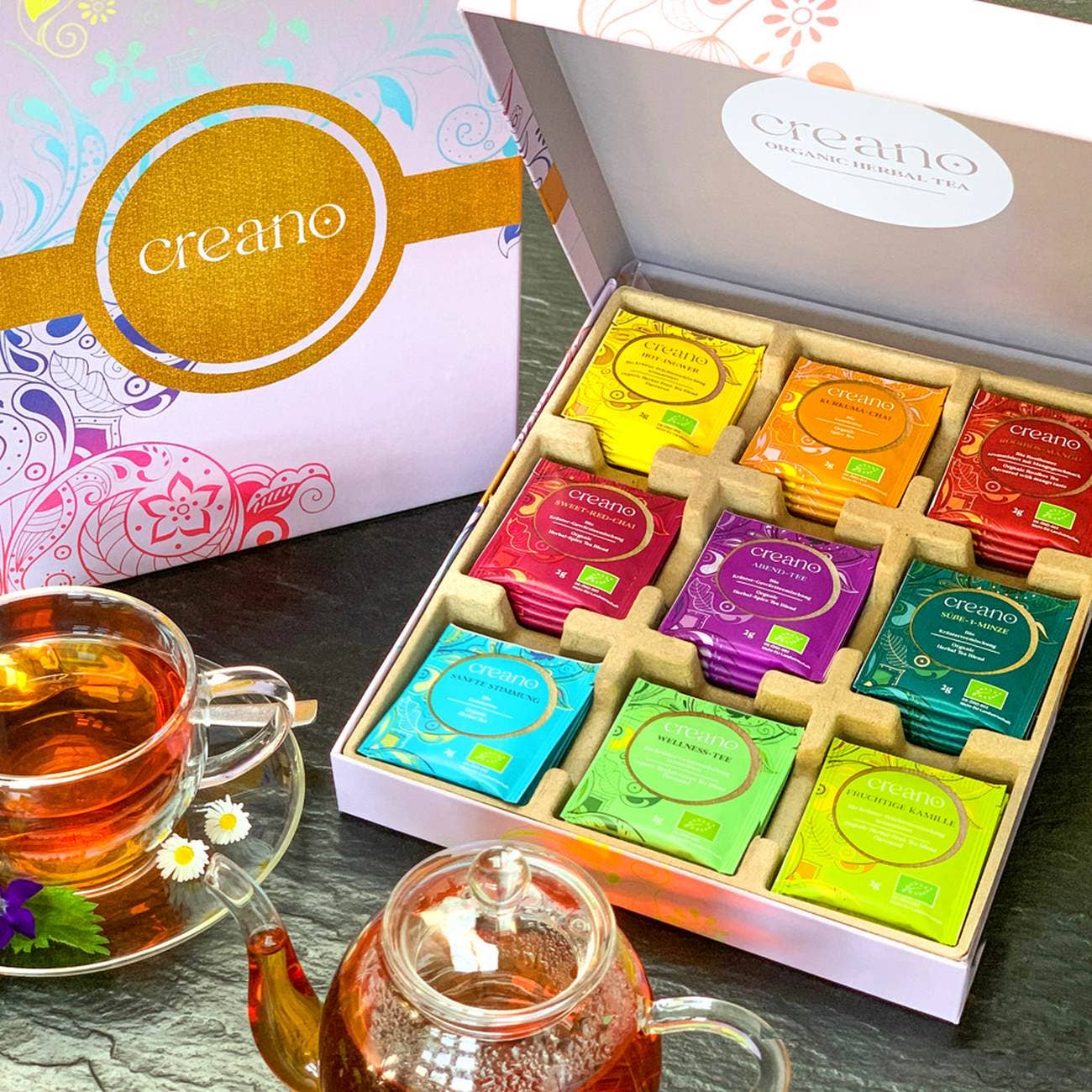 Juego de regalo de té de hierbas orgánico Creano con 45 bolsitas