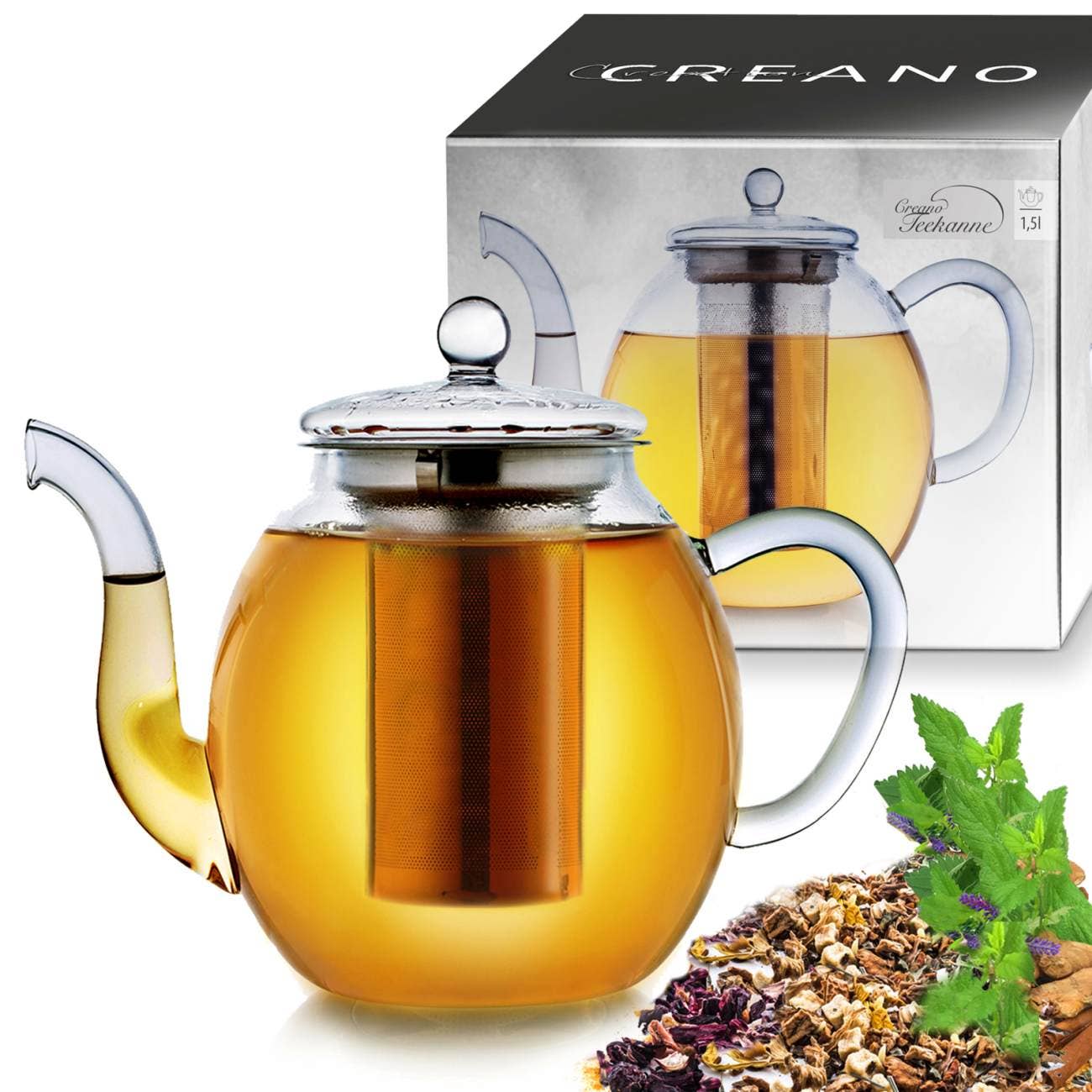 Bule alto de vidro Creano 1,5 litros com infusor de aço inox e tampa de vidro