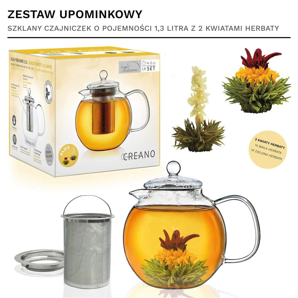 Tetera de cristal Creano 1,3 L con dos tés florales Erblühtee