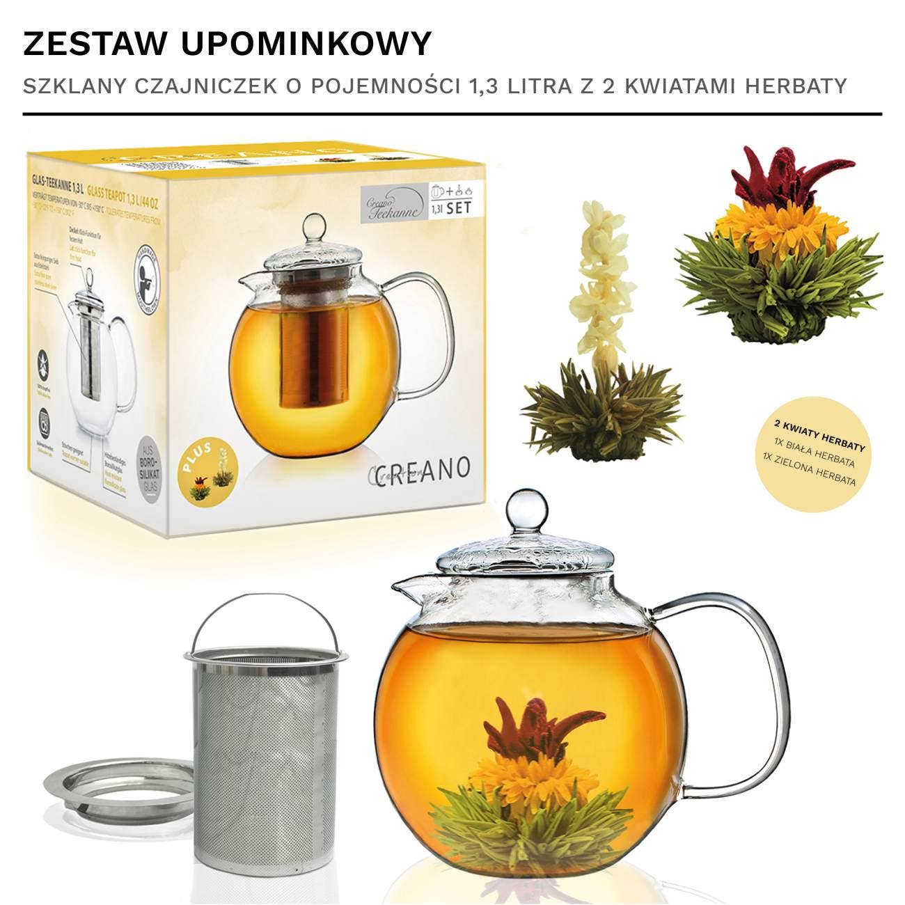 Tetera de cristal Creano 1,3 L con dos tés florales Erblühtee
