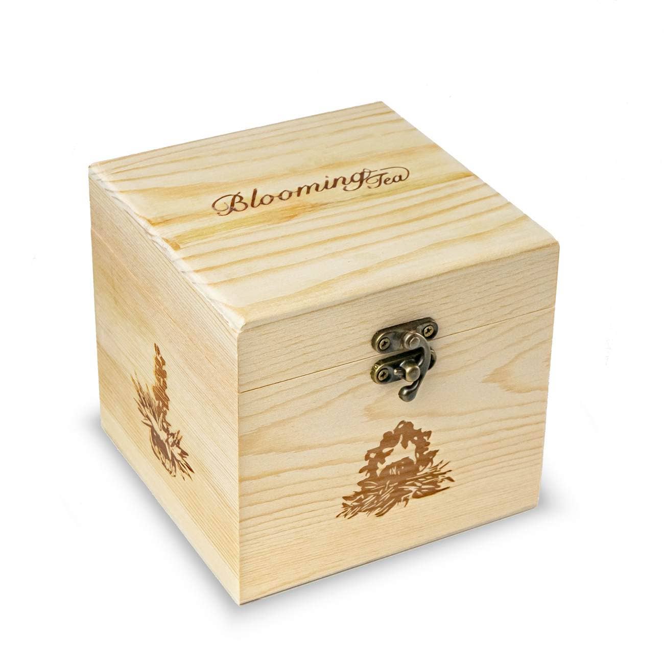 Caja decorativa de madera Creano con 6 flores de té en brote, té blanco, 11,5 cm