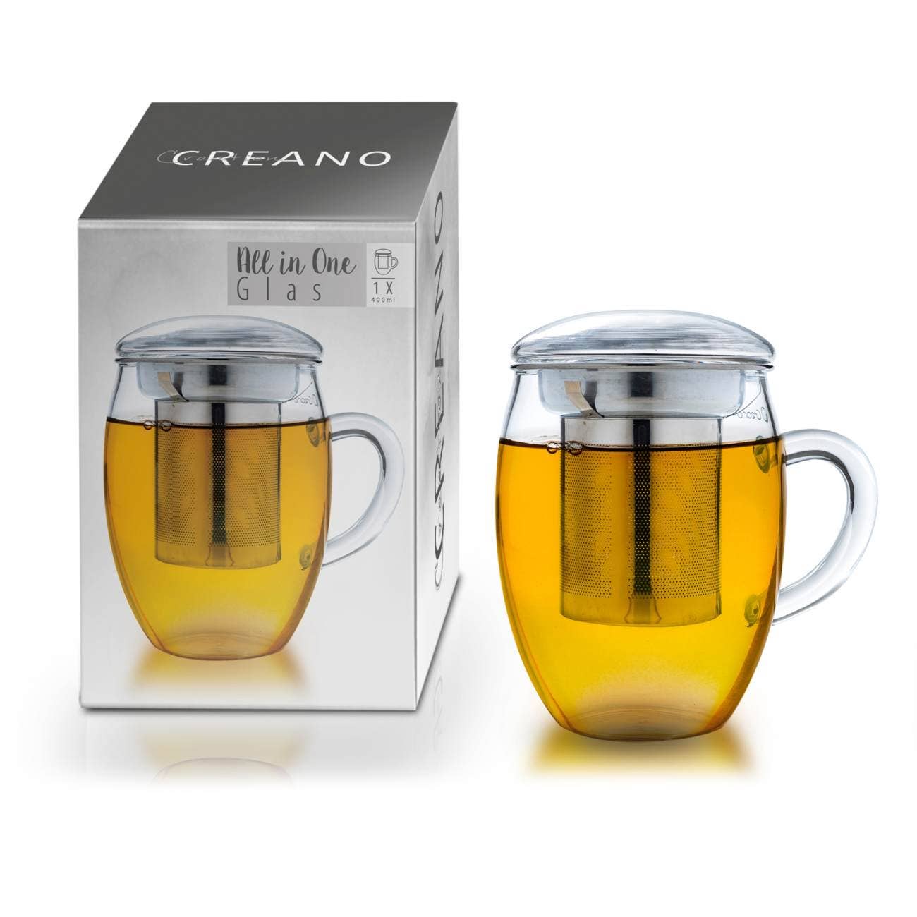 Copo de chá Creano 400 ml tudo em um, grande xícara com infusor de aço inox e tampa de vidro