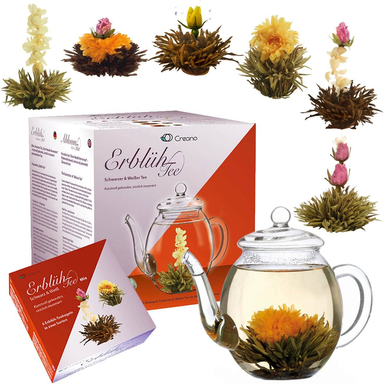 Creano chá de flores mix - conjunto presente chá flores que desabrocham com bule de vidro 500 ml chá branco e preto com 6 bolas de chá, 3x chá branco e 3x preto, presente para mulheres, mães, amantes de chá