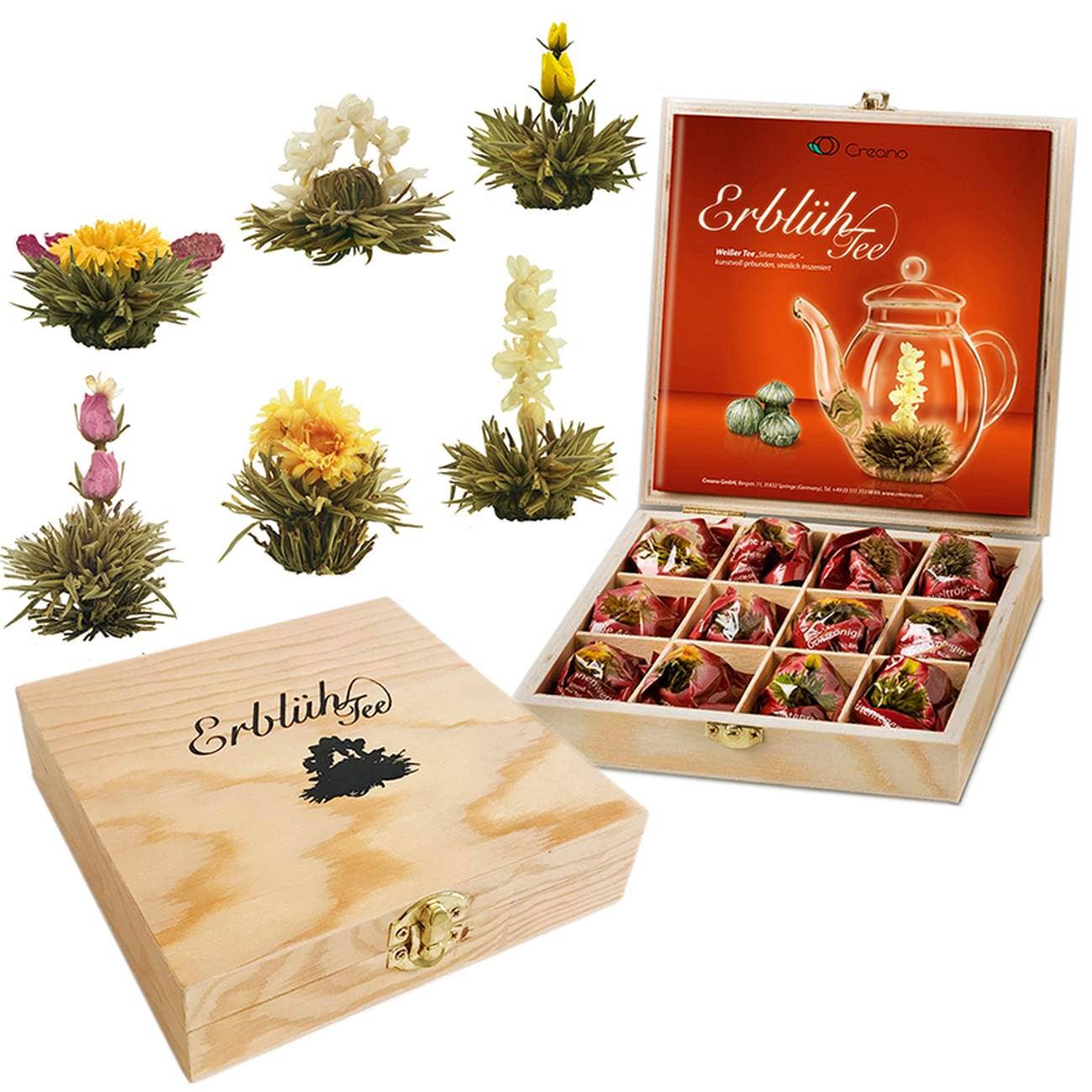 Kit de Presente Creano com 12 Chá Flores Brancas em Caixa de Madeira, 6 Variedades