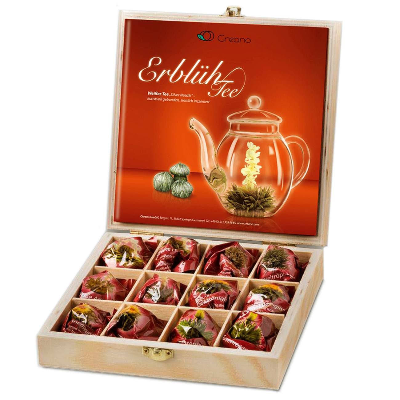 Kit de Presente Creano com 12 Chá Flores Brancas em Caixa de Madeira, 6 Variedades