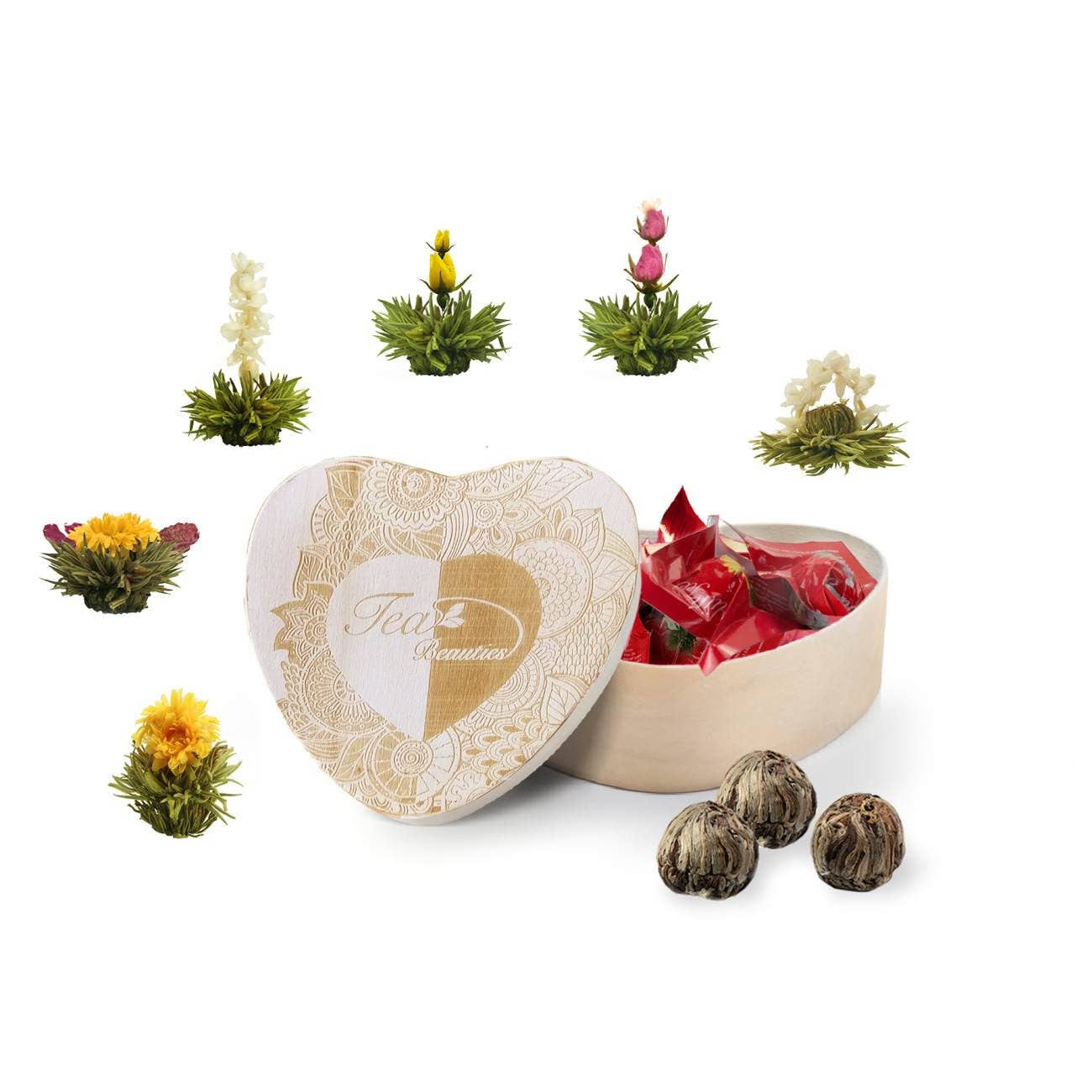 Creano chá de flores em caixa de madeira em forma de coração com 6 variedades de chá branco - Presente para mulheres, mães e amantes de chá