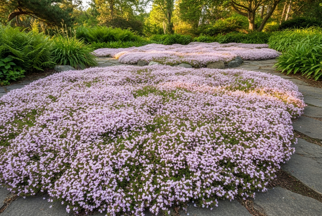 Tomilho serpão no jardim com flores em lilás muito claro